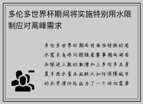 多伦多世界杯期间将实施特别用水限制应对高峰需求 多伦多世界杯期间将实施特别用水限制应对高峰需求